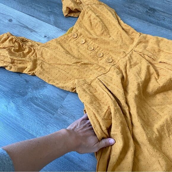ModCloth Smocked Dress Mustard Yellow Embroidered Medium With Pockets Fe… - Picture 3 of 11